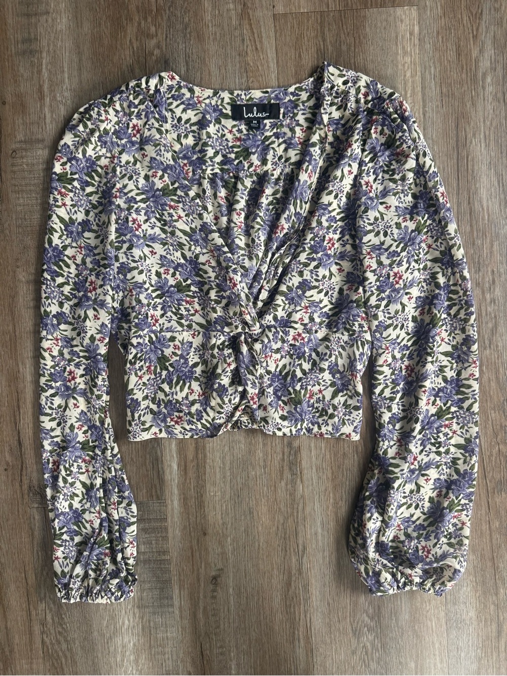 Lulu's Cream Floral Tie-Front Long Sleeve Crop Top